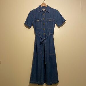 LEON & HARPER MIDI BELTED DENIM COTTON DRESS WITH POCKETS . Size Xs. New
